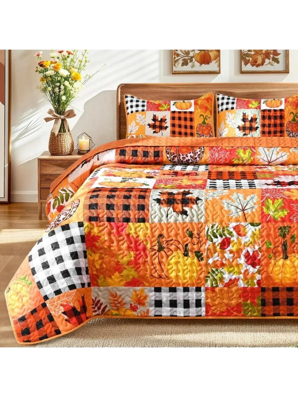 Cozy Fall Patchwork Quilt Bedding Set - Queen Size for Thanksgiving Decor
